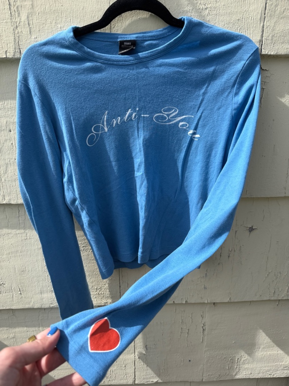 Urban Outfitters Blue Long-Sleeve Crop Top with Red Heart